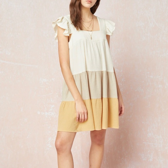 entro Dresses & Skirts - Entro Gauze Colorblock Tiered Mini Dress L Pockets Boho
